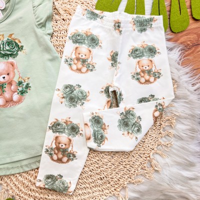 Conj. Blusa Ursinha com Flores Verde e Legging - Off White e Verde